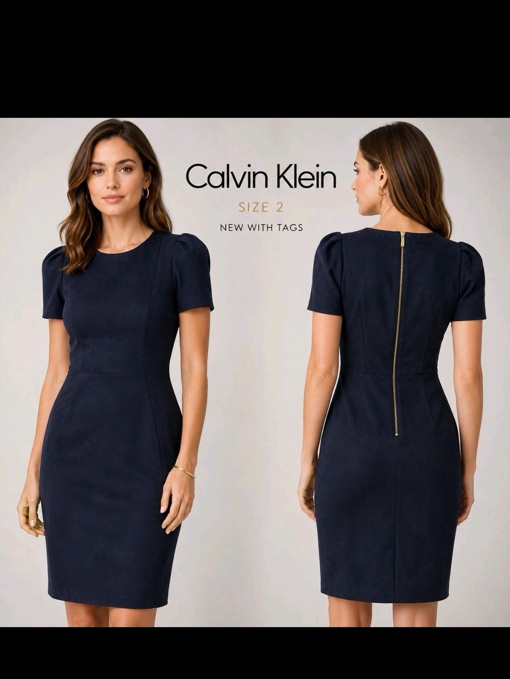 Calvin Klein Navy Puff-Sleeve Sheath Midi Dress